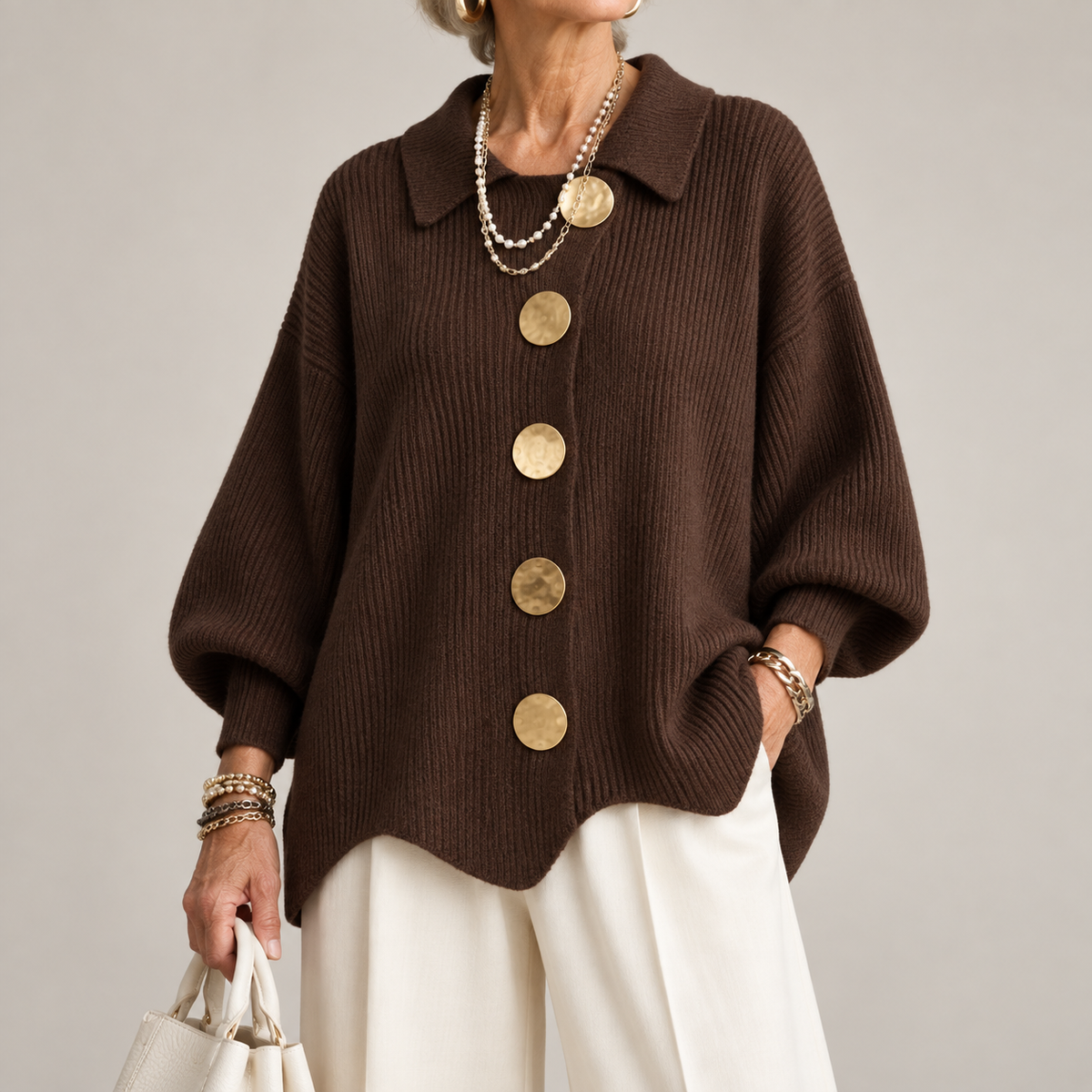 Gilet oversize Lucie Paris – Édition Dorée, coloris chocolat