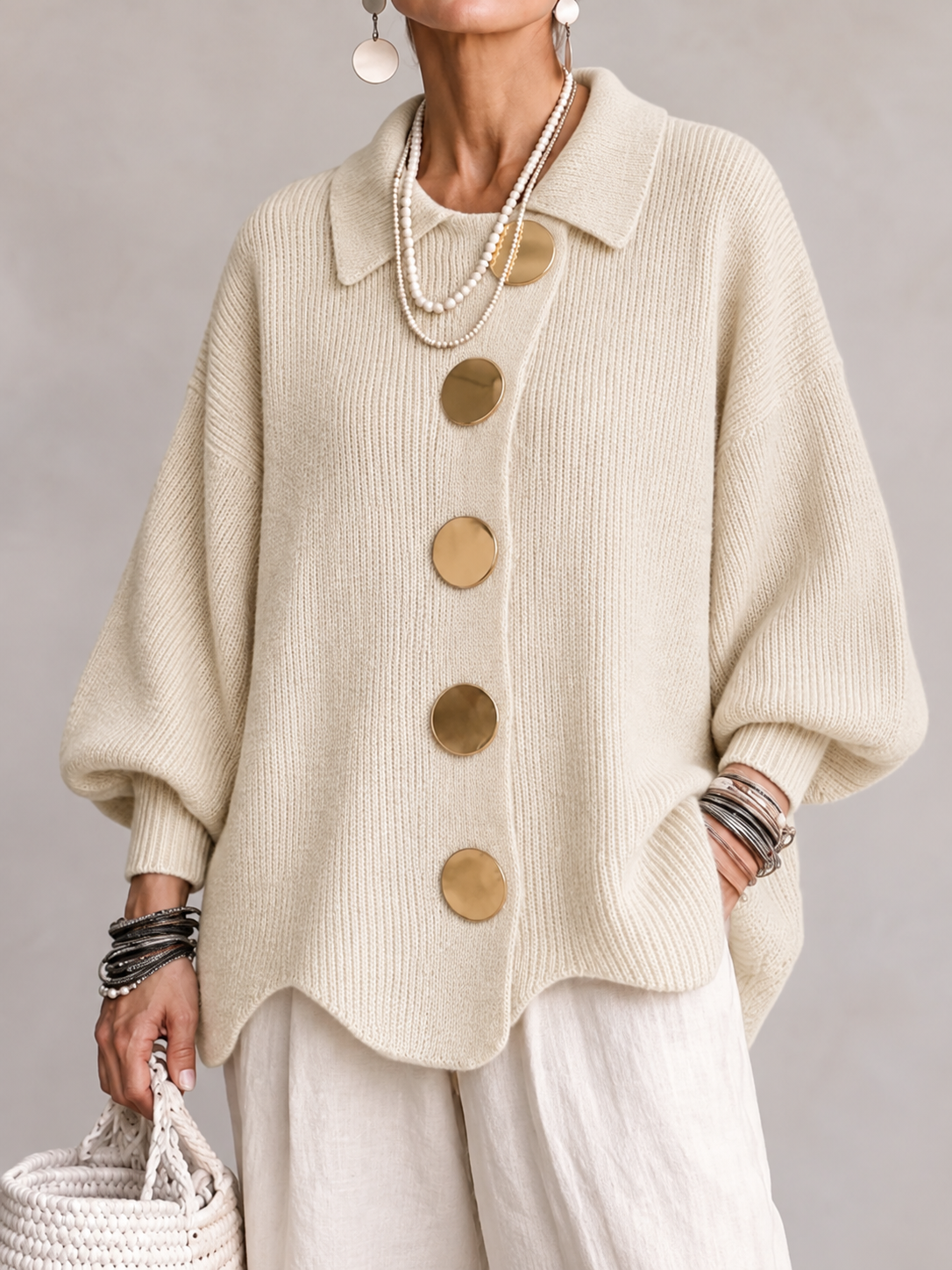 Gilet oversize Lucie Paris – Édition Dorée, coloris crème