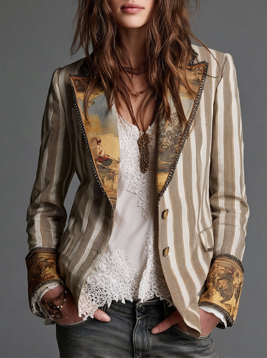 Sylvie – Blazer bohème rayé à col imprimé