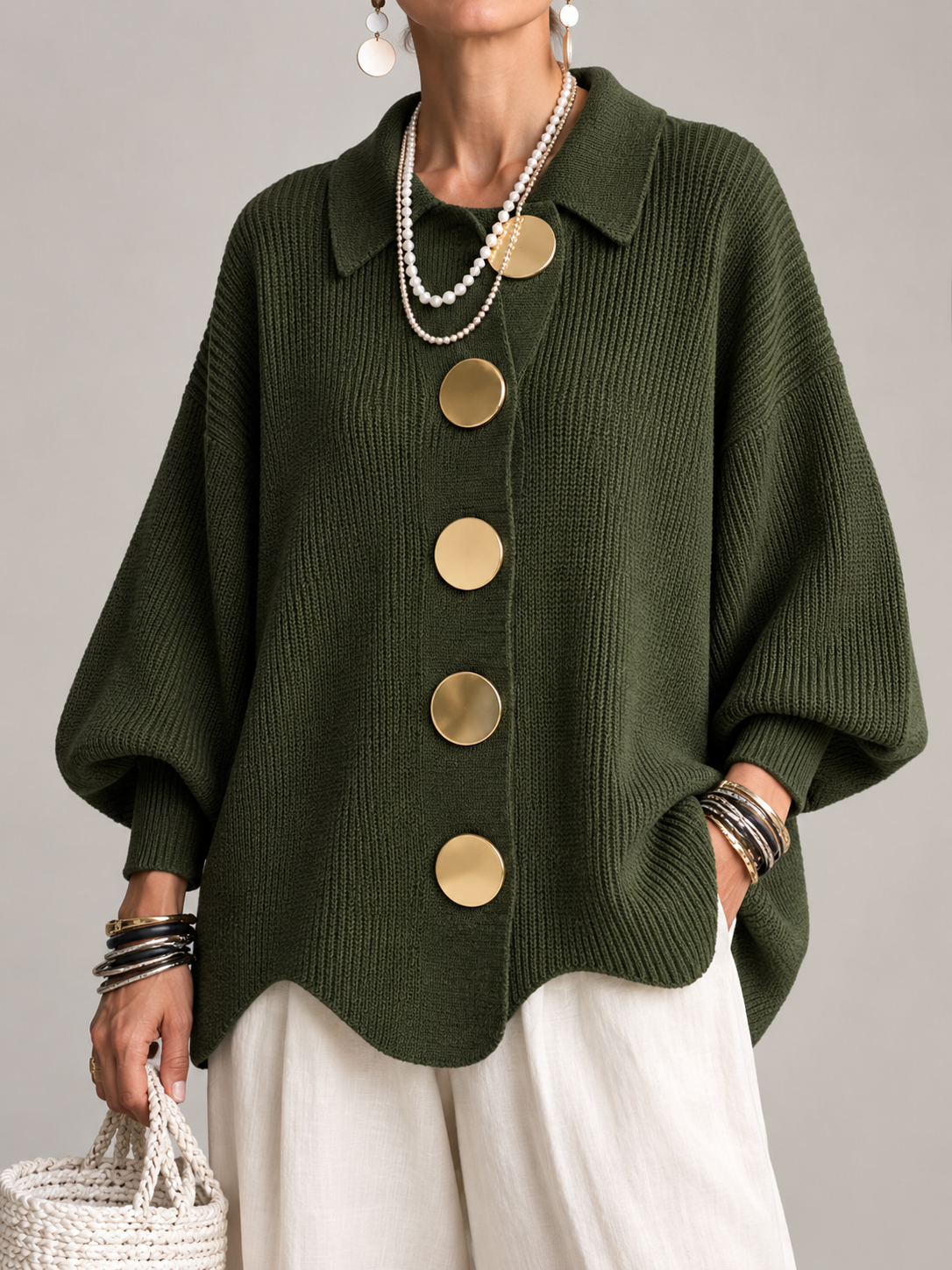 Gilet oversize Lucie Paris – Édition Dorée, coloris vert kaki