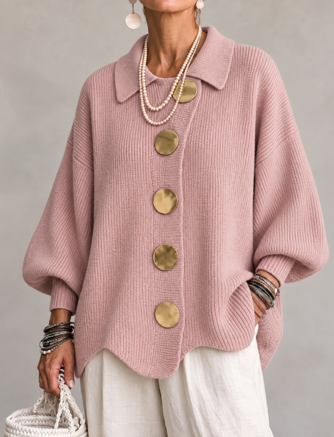Gilet oversize Lucie Paris – Édition Dorée, coloris rose poudré