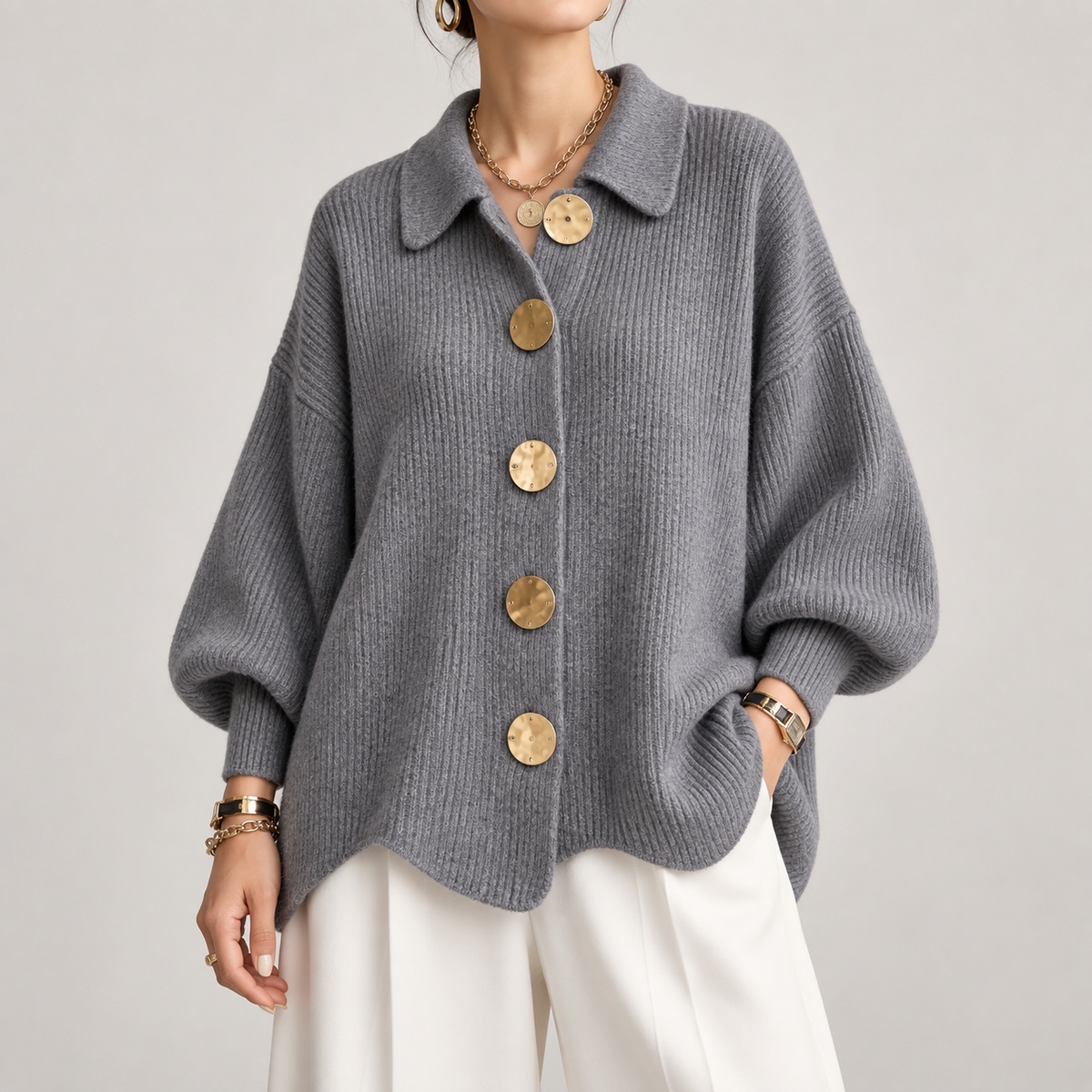 Gilet oversize Lucie Paris – Édition Dorée, coloris gris