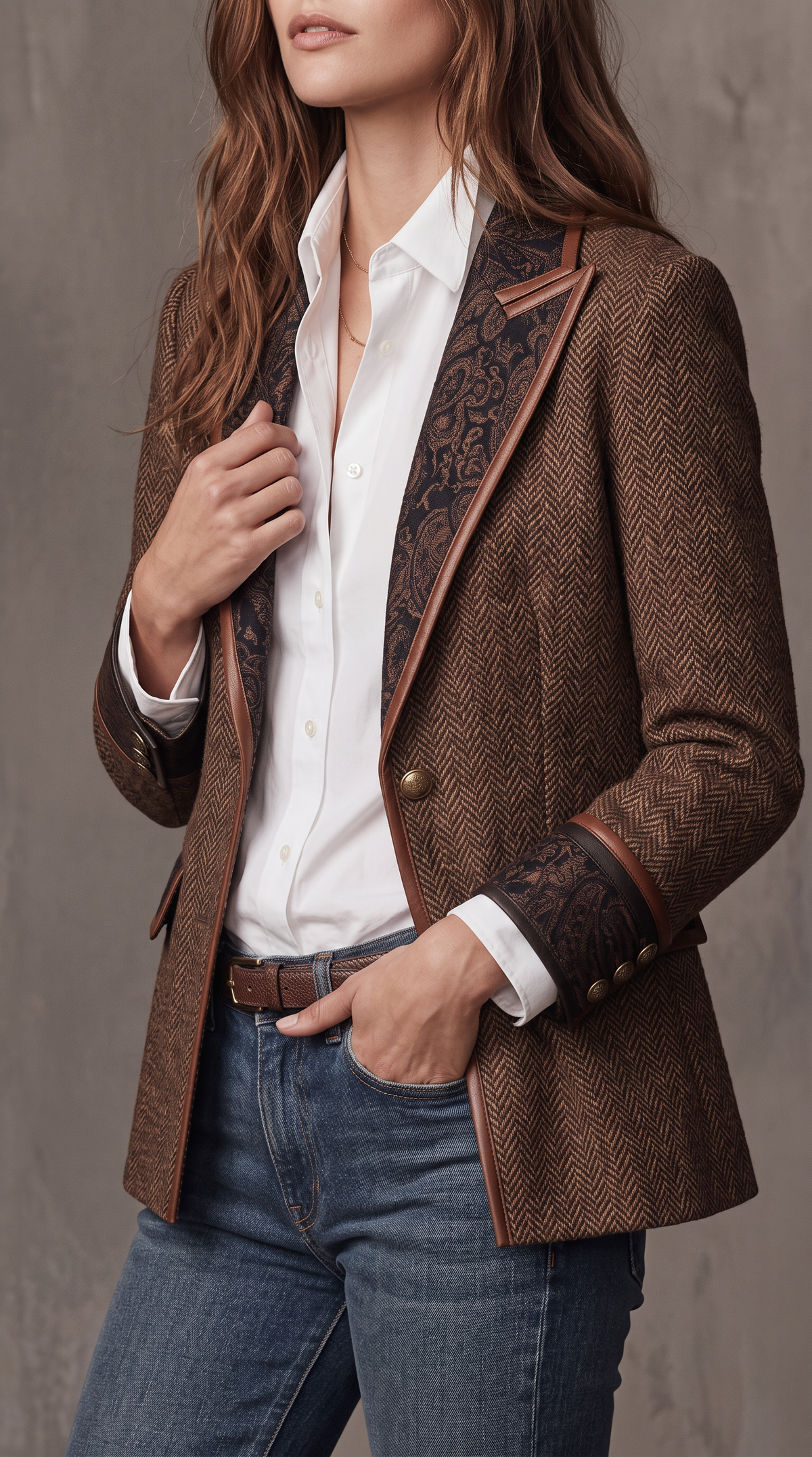 Veste Héritage en chevrons portée avec chemise blanche et jean