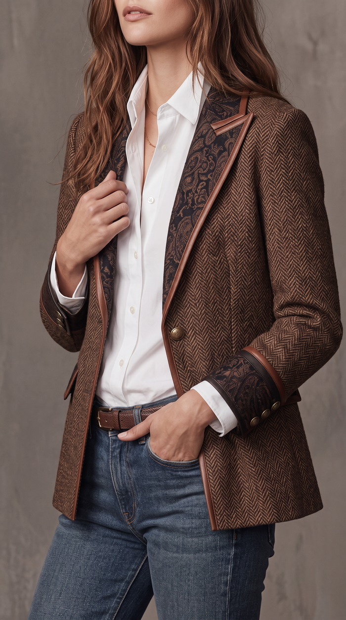 Veste Héritage en chevrons portée avec chemise blanche et jean