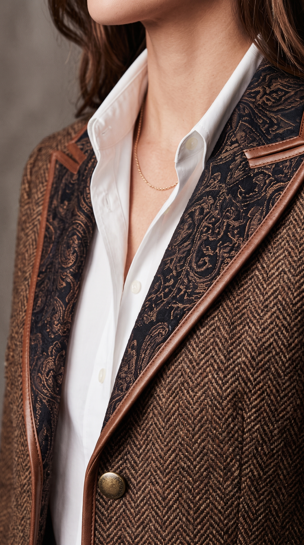 Détail du revers à motif cachemire et du passepoil façon cuir