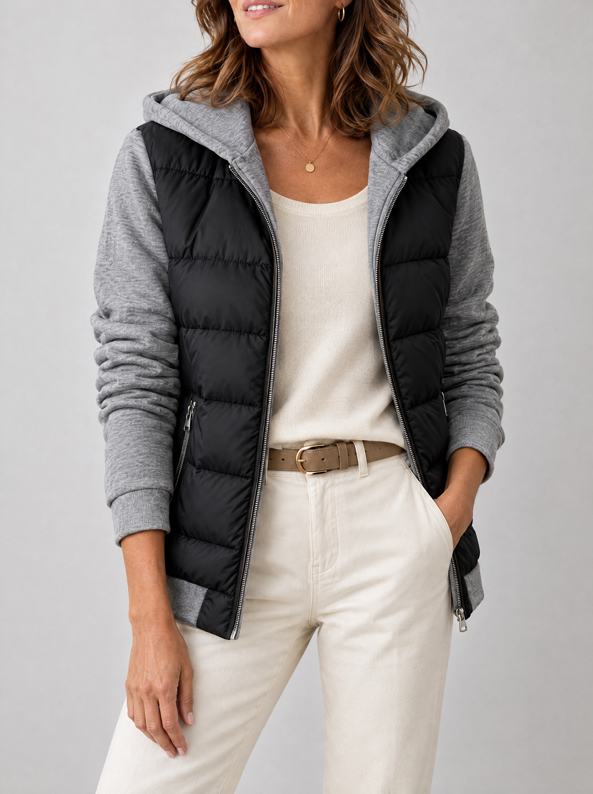 Veste matelassée à capuche Lucie Paris – Week-end à Chamonix, noir et gris