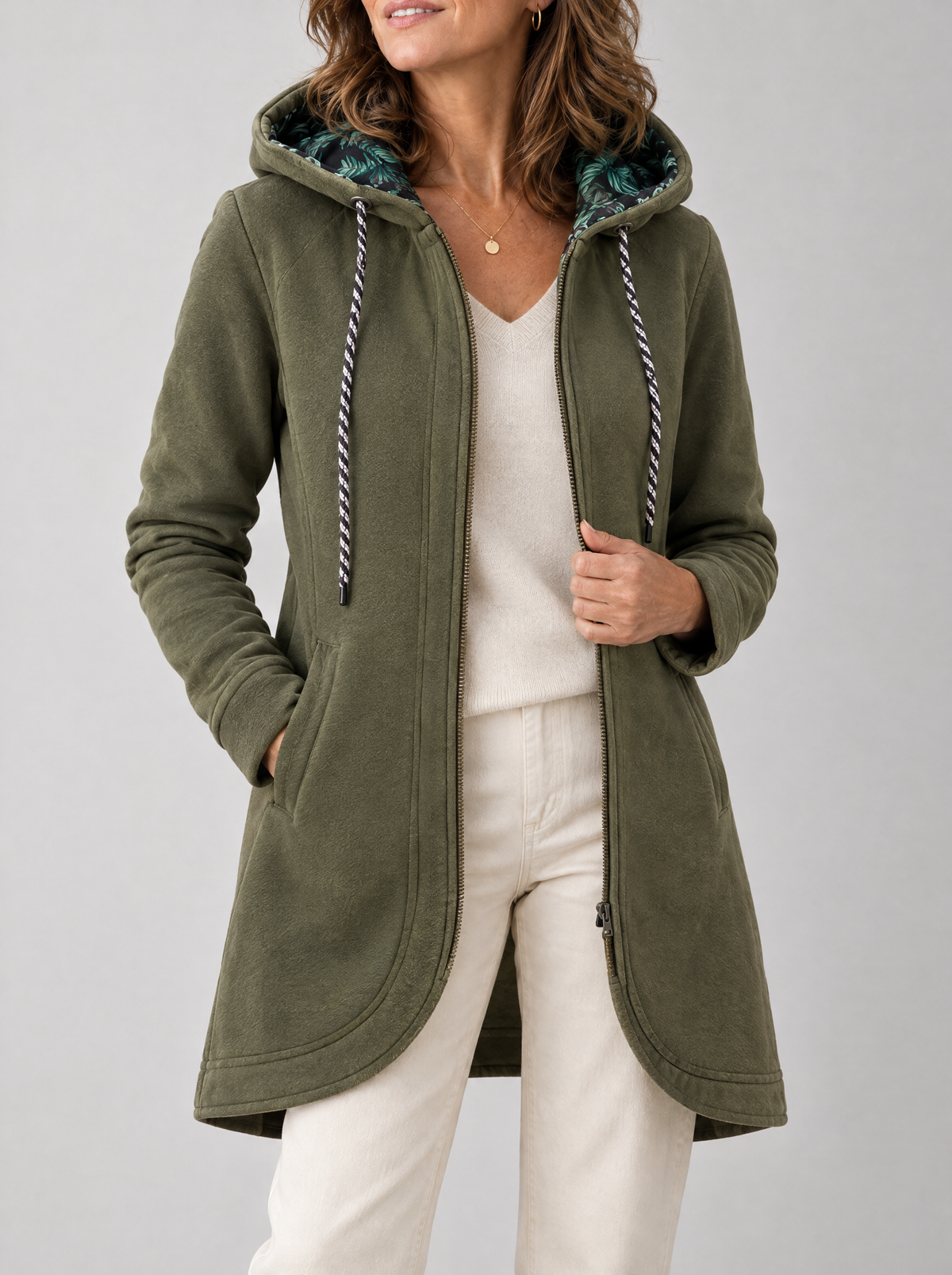 Veste longue à capuche Lucie Paris – Balade en Forêt, coloris vert