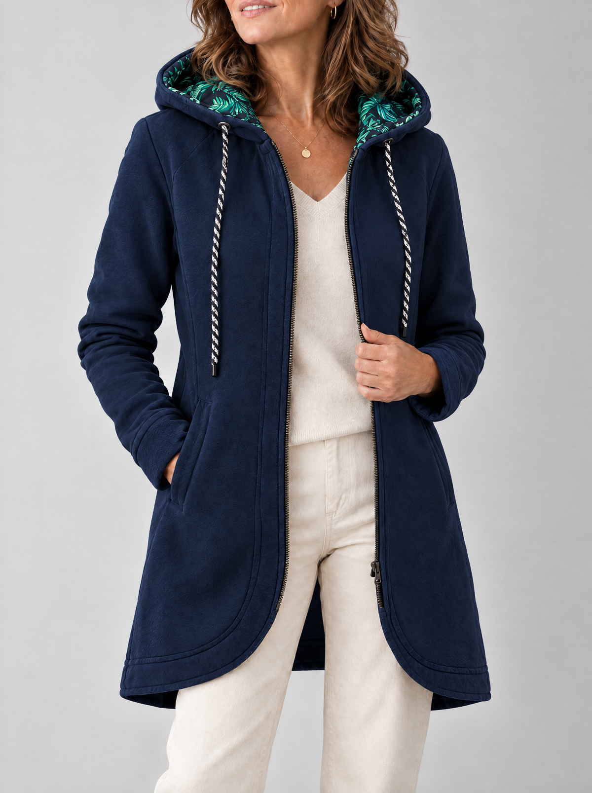 Veste longue à capuche Lucie Paris – Balade en Forêt, coloris bleu marine