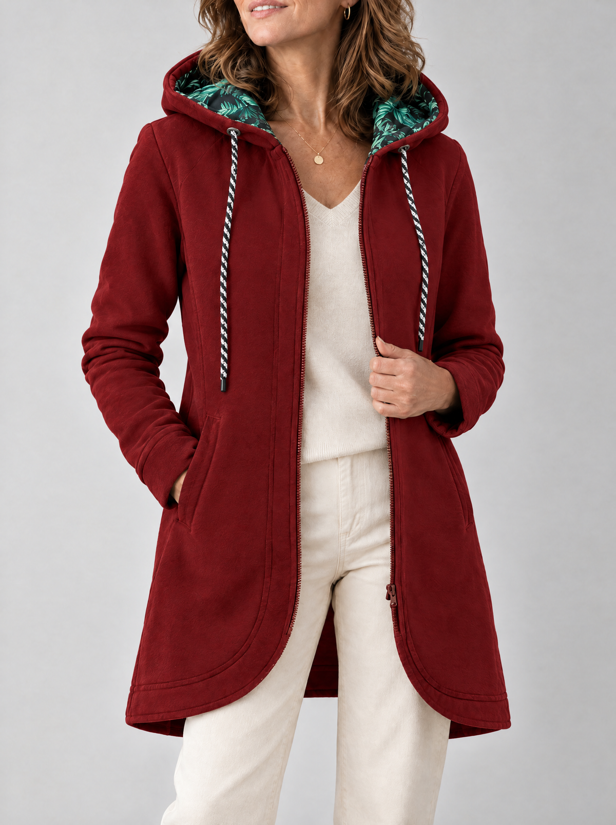 Veste longue à capuche Lucie Paris – Balade en Forêt, coloris rouge
