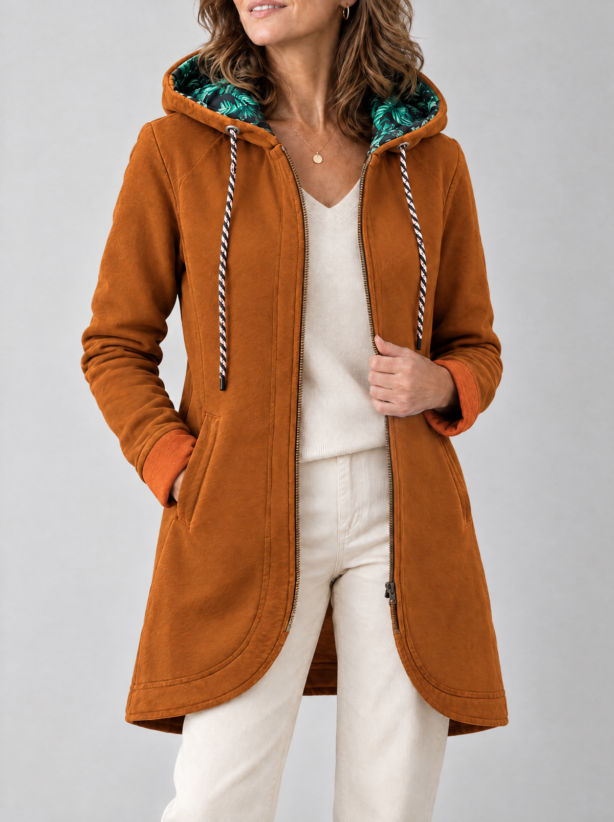 Veste longue à capuche Lucie Paris – Balade en Forêt, coloris orange