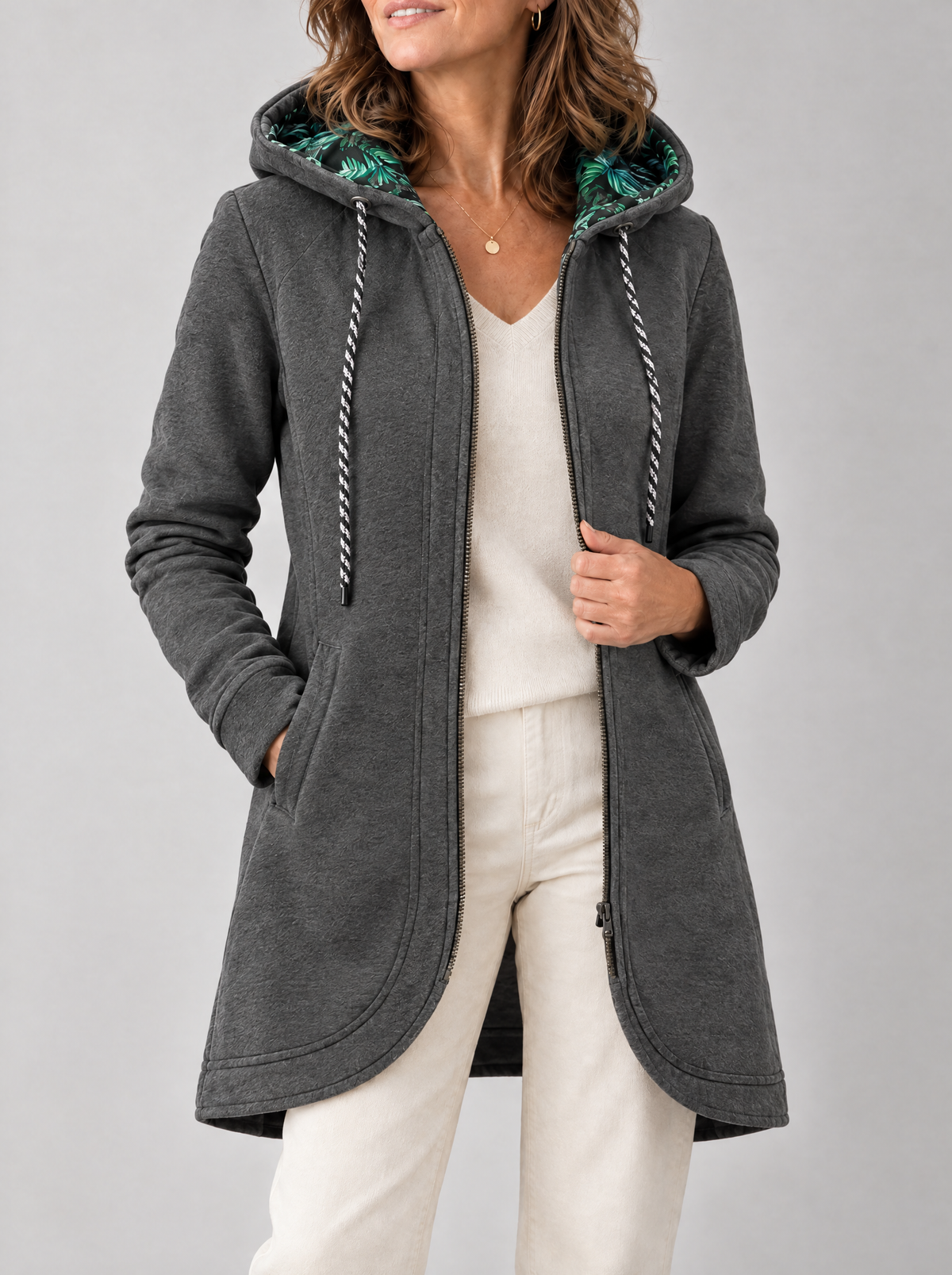 Veste longue à capuche Lucie Paris – Balade en Forêt, coloris gris