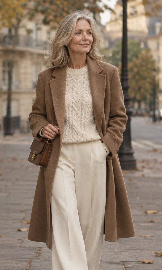 Femme élégante en manteau camel dans une rue parisienne en automne