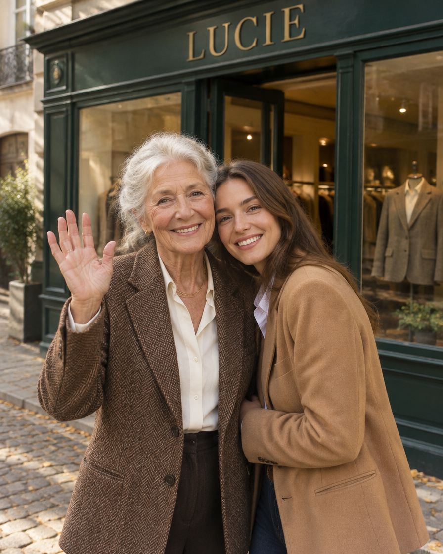 Lucie et sa petite-fille devant la boutique