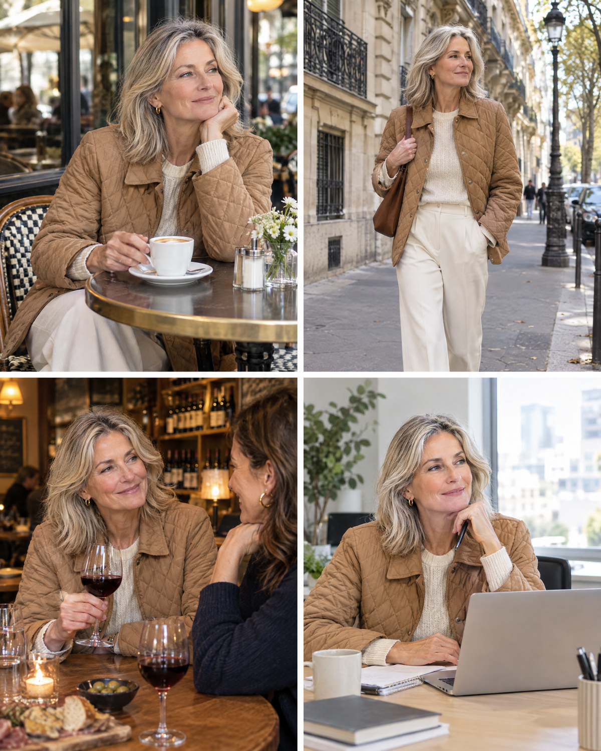 La même veste portée en terrasse, en ville, au bar et au bureau